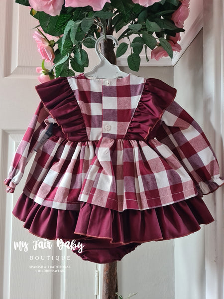 Ceyber AW24 Spanish Baby Girls Burgundy Check Dress ZA3110