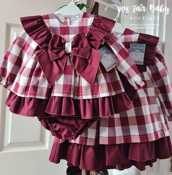 Ceyber AW24 Spanish Baby Girls Burgundy Check Dress ZA3110