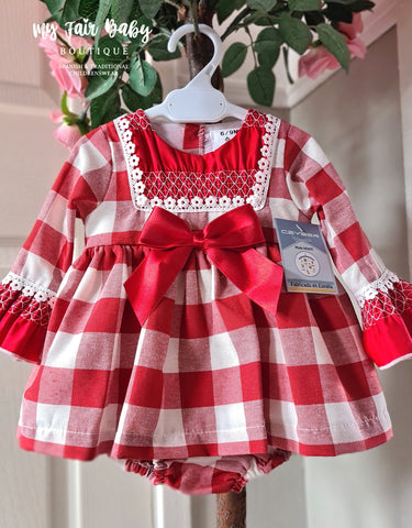 Ceyber AW24 Spanish Baby Girls Red Check Dress With Smocking ZA2110