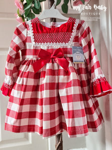 Ceyber AW24 Spanish Older Girls Red Check Dress With Smocking ZA2119