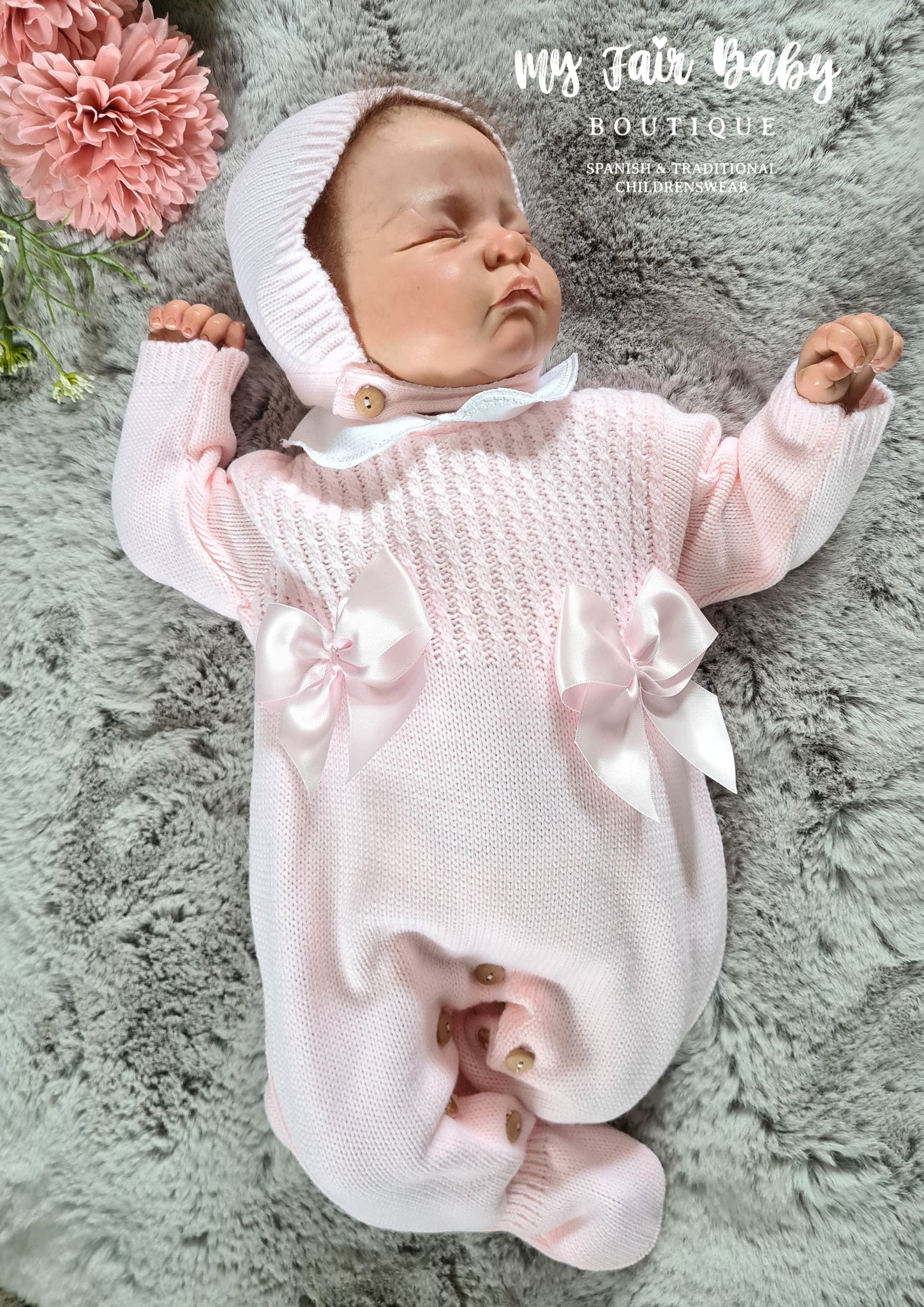 Spanish Baby Girls Pink Knitted Romper & Bonnet