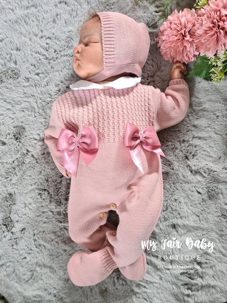 Spanish Baby Girls Dusky Pink Knitted Romper & Bonnet