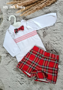 Spanish Baby Boys Smocked Red Tartan Short Set