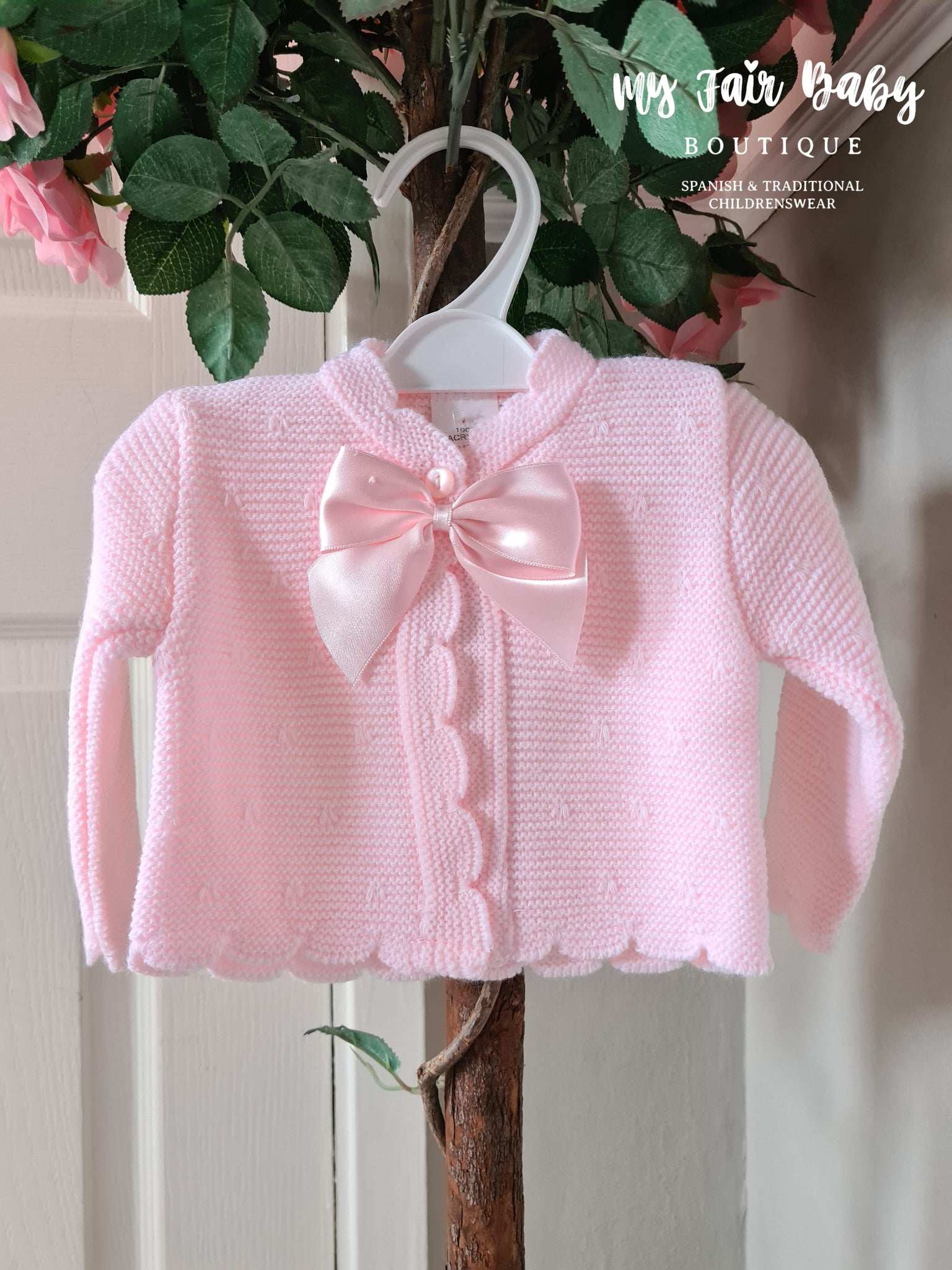 Spanish Baby Girls Pink Scallop Edge Bow Cardigan - 3-36m