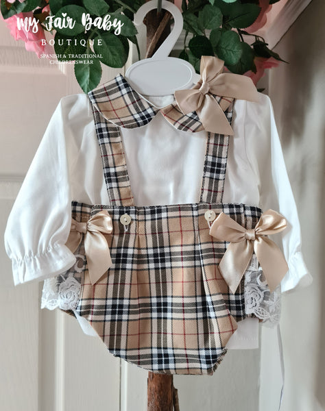 Spanish Baby Girls Beige Tartan Bow Romper - 3-24m