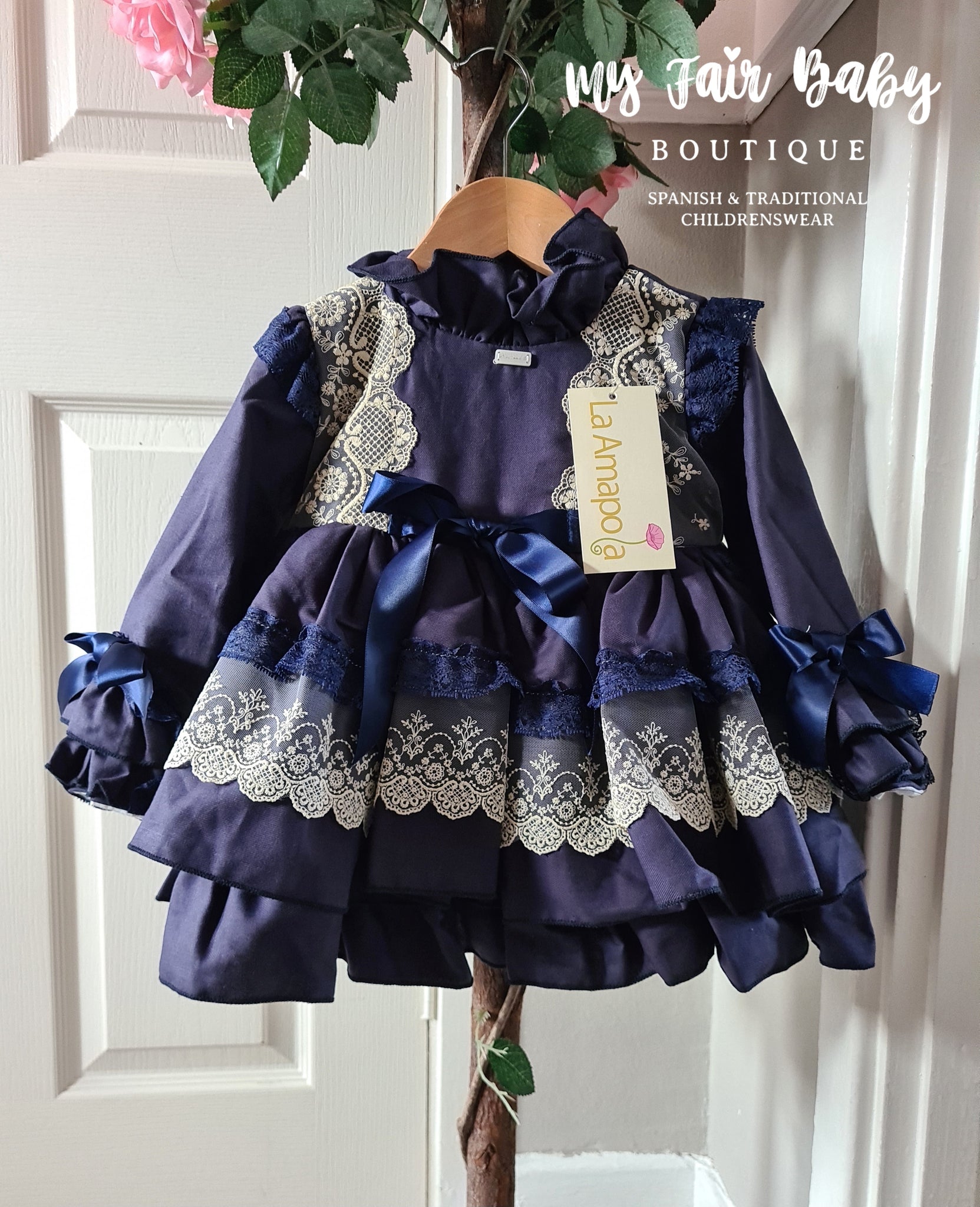 La Amapola AW24 Spanish Girls Caperucita Navy Puffball Dress - IN STOCK NOW