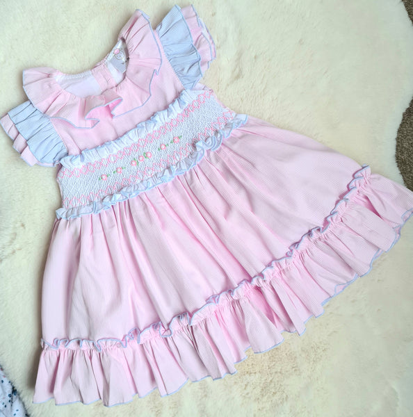 Wee Me Baby Girls Pink & Blue Smocked Puffball Style Dress - 0-6m