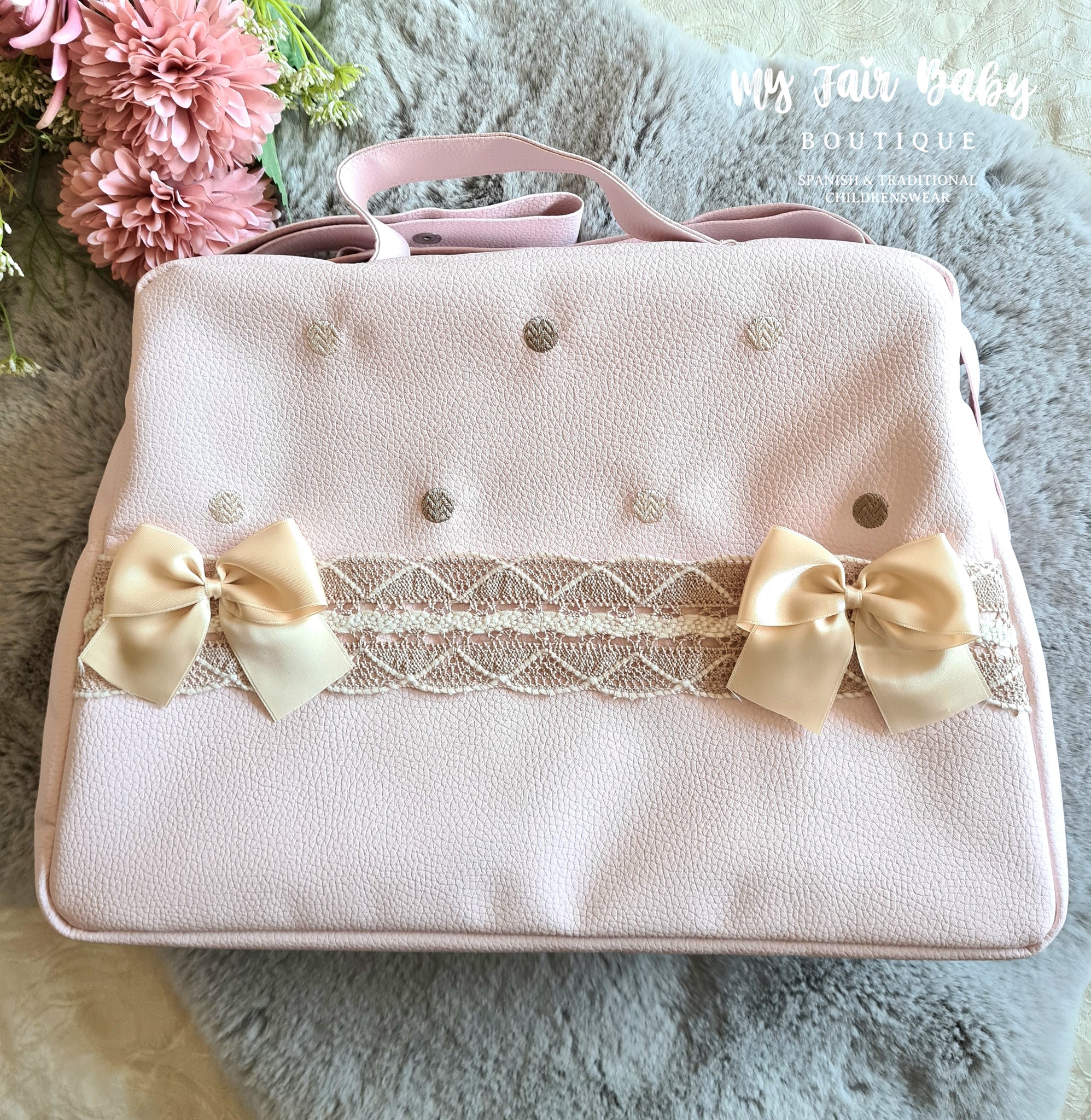 Spanish Pink Baby Girls Lace & Bow Pram Bag