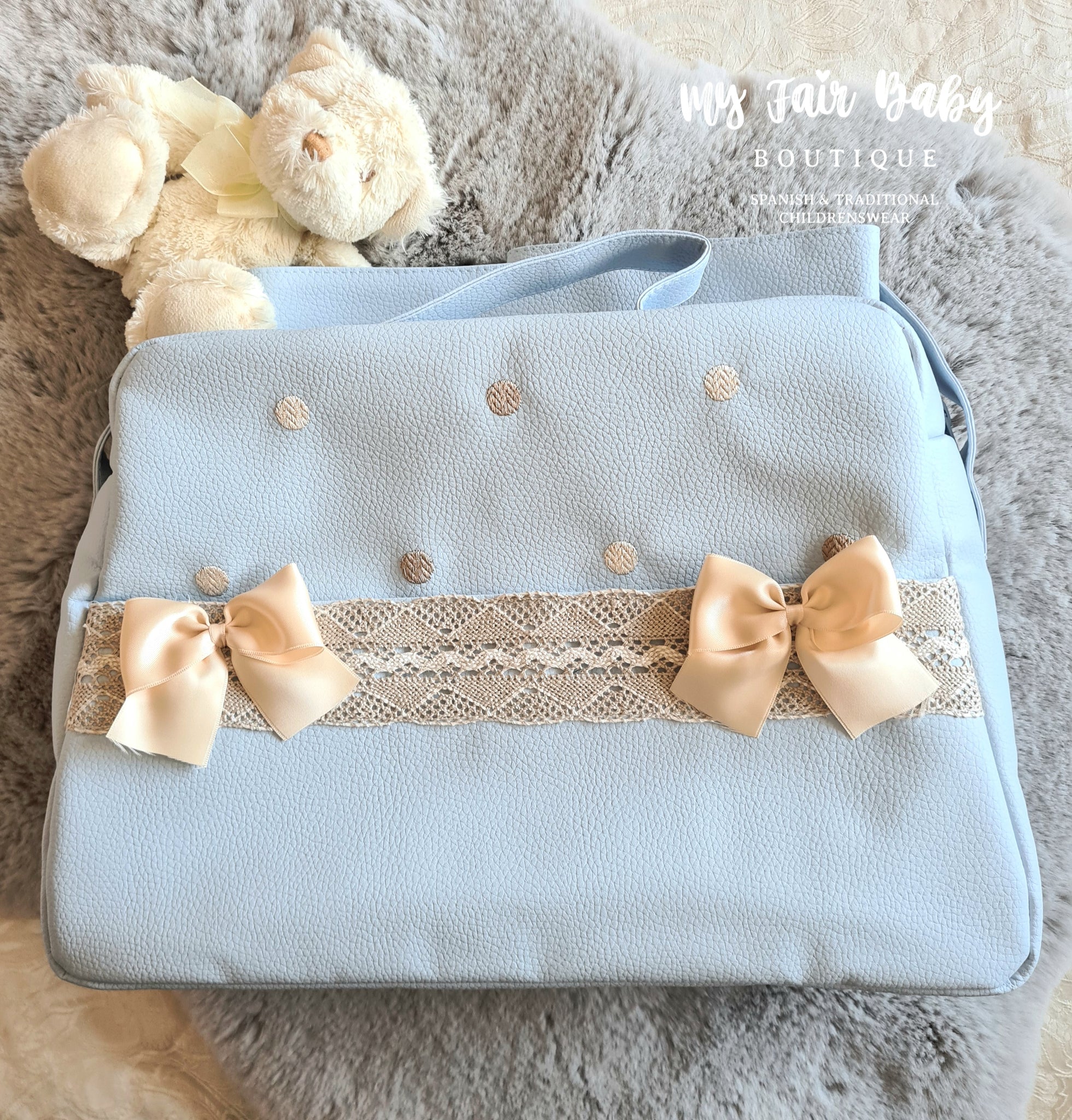 Spanish Blue Baby Boys Lace & Bow Pram Bag