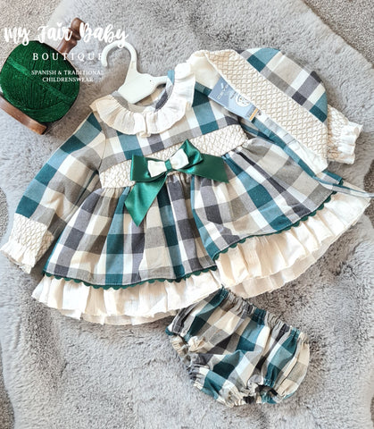 Ceyber AW24 Spanish Baby Girls Green Check Dress ZA3550