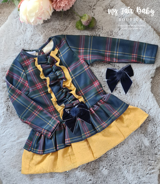 Spanish Girls Navy & Mustard Tartan Christmas Dress 32210