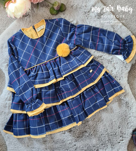 Spanish Older Girls Navy & Mustard Ruffle Dress M5172 ~ 3-8y