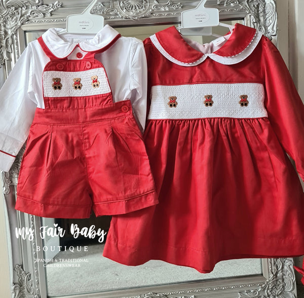 Traditional Boys Red Smocked Teddy Dungarees 1008 ~0-4y