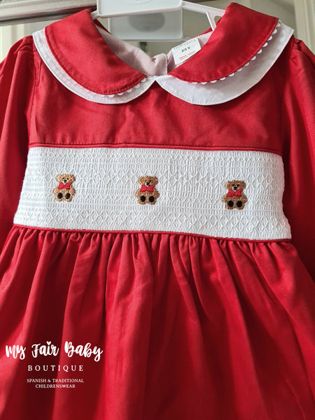 Traditional Older Girls Red Smocked Teddy Dress ~ 2-6y