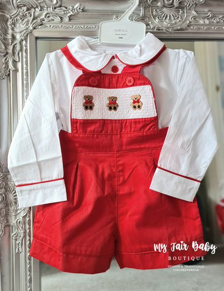 Traditional Boys Red Smocked Teddy Dungarees 1008 ~0-4y