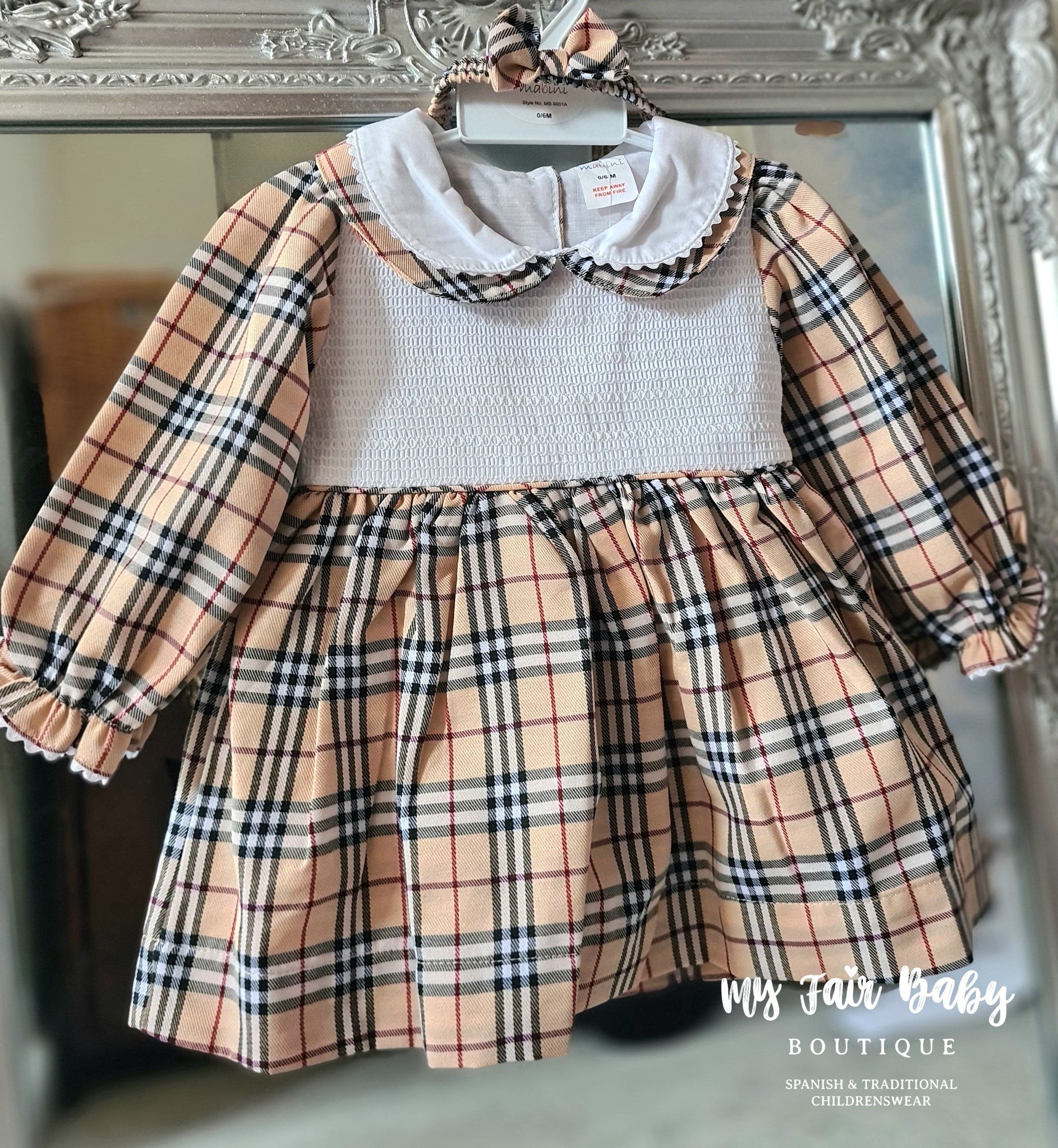 Traditional Girls Beige Tartan Dress Set 9001 ~ 0-6y