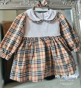 Traditional Girls Beige Tartan Dress Set 9001 ~ 0-6y