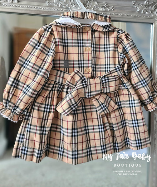 Traditional Girls Beige Tartan Dress Set 9001 ~ 0-6y