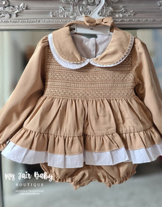 Traditional Girls Smocked Coffee Dress Set 5202 ~ 0-6y