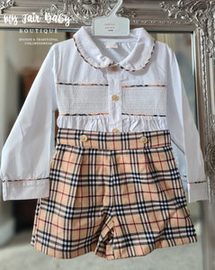 Traditional Boys Beige Tartan Smocked Short Set 9100 ~ 18m-4y