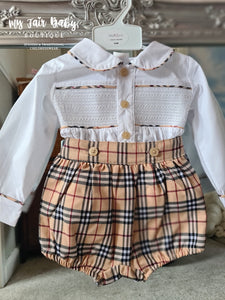 Traditional Baby Boys Beige Tartan Smocked Pant Set 9000 ~ 0-18m