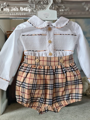 Traditional Baby Boys Beige Tartan Smocked Pant Set 9000 ~ 0-18m