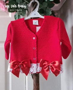 Spanish Girls Red & White Lace & Bow Trimmed Cardigan ~ 3-36m