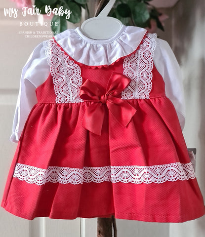 Spanish Baby Girls Red & White Lace Pinafore Dress ~ 3-36m