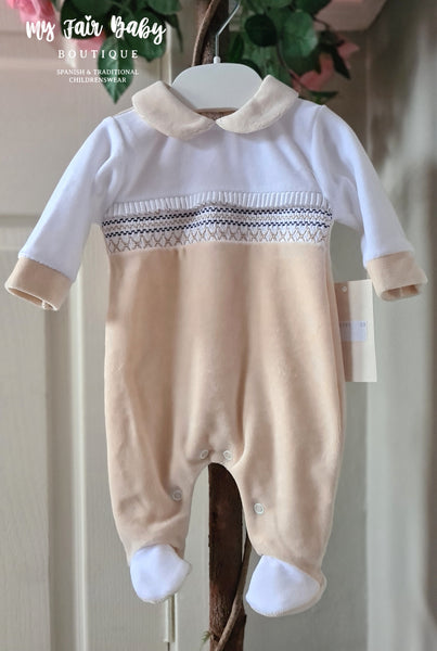 Traditional Baby Boys White & Biscuit Smocked Velour Sleepsuit/Babygrow ~ NB-6M