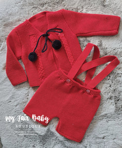 Spanish Baby Boys Red Knitted Dungaree & Cardigan Set