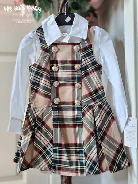 Traditional Older Girls Beige Tartan Christmas Pinafore Dress & Blouse ~ 2-12y