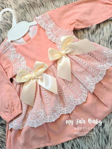 Spanish Baby Girls Peach & Cream Lace Dress ~ 3-36m