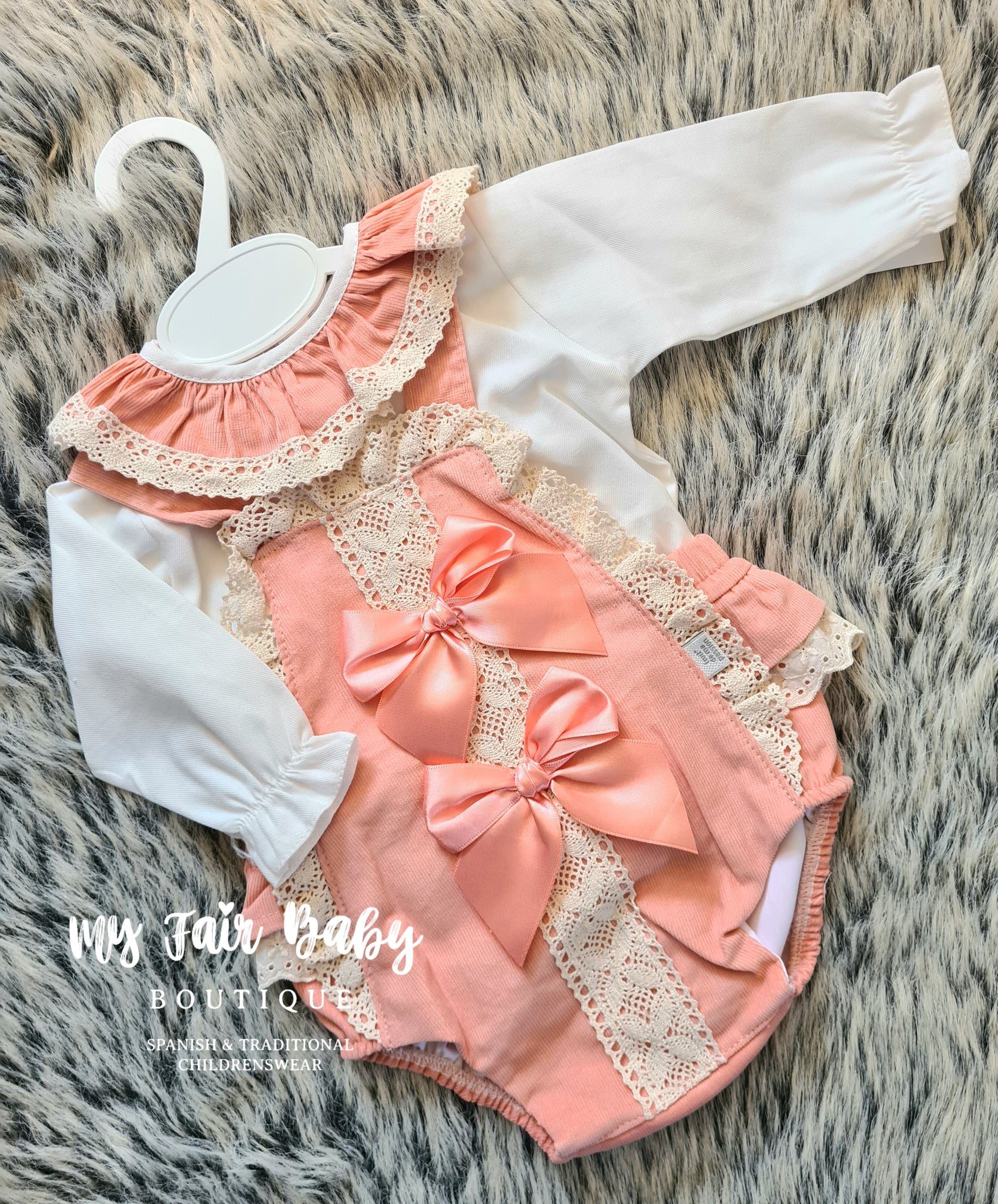 Spanish Baby Girls Peach & Cream Ribbon & Lace Romper ~ 3-36m