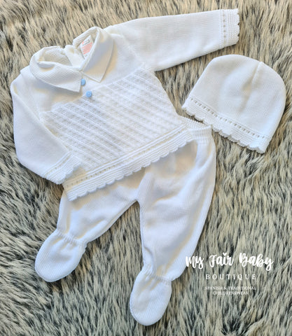 Spanish Baby Boys White & Blue Knitted 3PC Set ~ 0-3 months