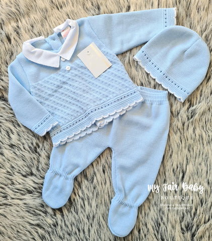 Spanish Baby Boys Blue & White Knitted 3PC Set ~ 0-3 months