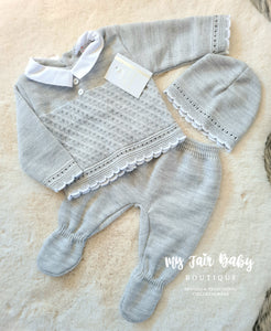 Spanish Baby Boys Grey Knitted 3PC Set ~ 0-3 months