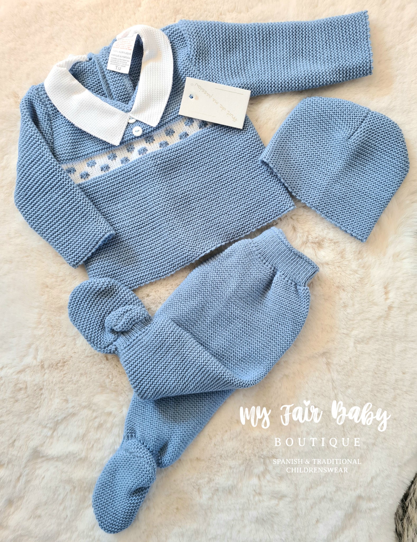 Spanish Baby Boys Blue & White Knitted 3PC Set ~ 0-3 months