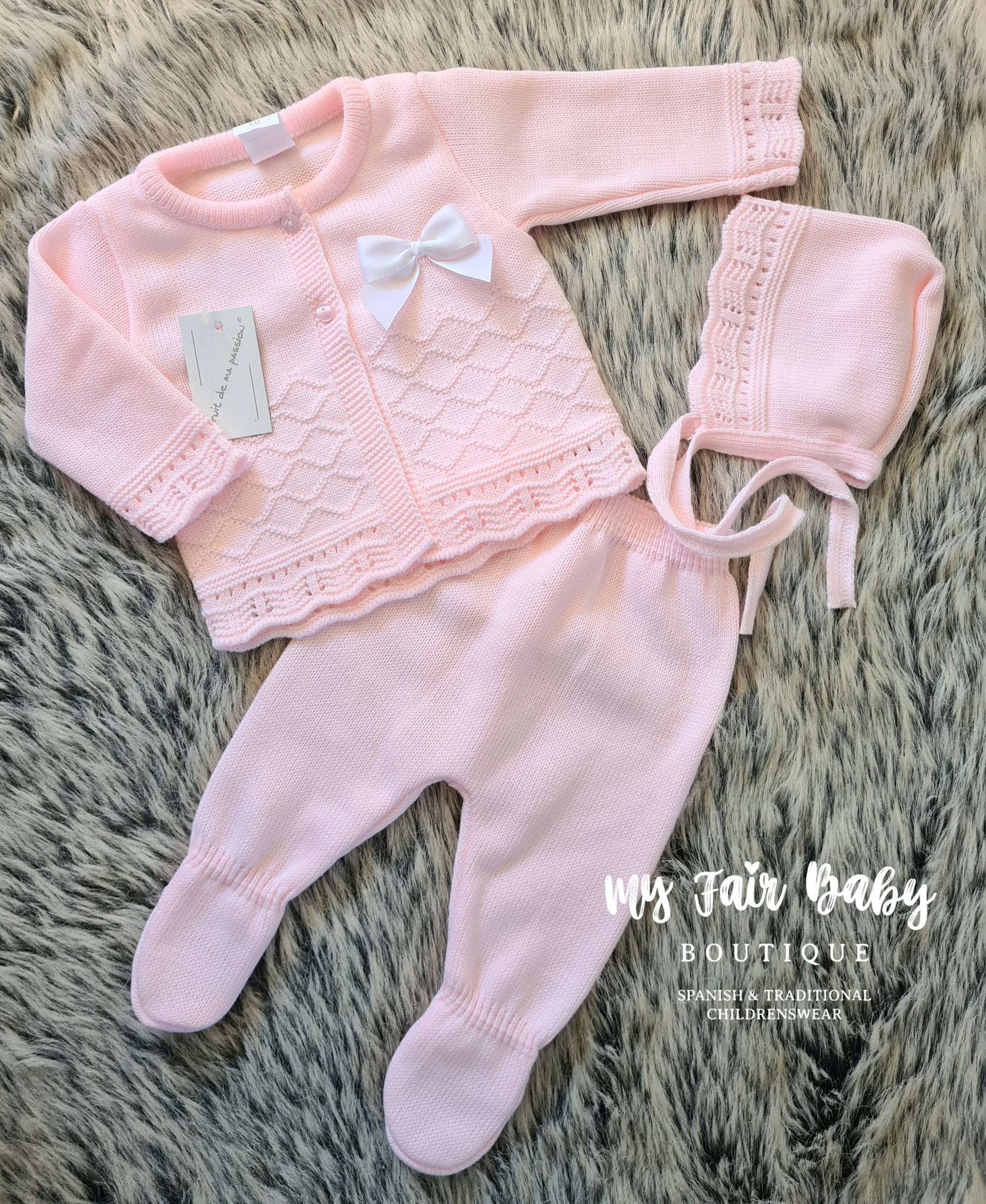 Spanish Baby Girls Pink Knitted 3pc Set ~ 0-3 months