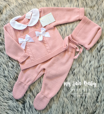 Spanish Baby Girls Rose Pink Knitted 3pc Set ~ 0-3 months