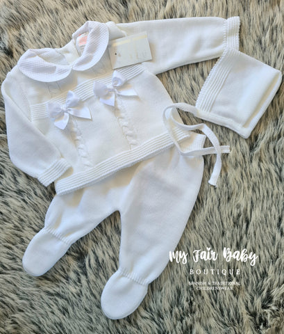 Spanish Baby Girls White Knitted 3pc Set ~ 0-3 months