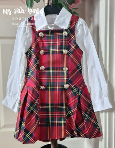 Traditional Older Girls Red Tartan Christmas Pinafore Dress & Blouse ~ 2-12y