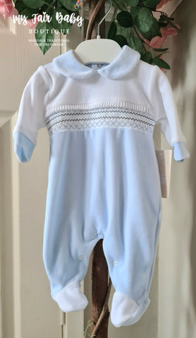 Traditional Baby Boys White & Blue Smocked Velour Sleepsuit/Babygrow ~ NB-3M