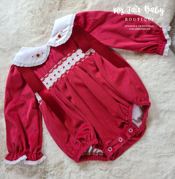 Beau Kid Traditional Baby Girls Red Smocked Ribbon Romper 1720b ~ IN STOCK NOW