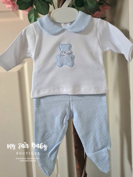 Spanish Baby Boys Blue & White Teddy Bear 2pc ~ NB-6m