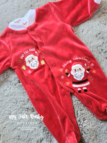 Baby Boys Red Santa 'Merry Christmas' Velour Sleepsuit/Babygrow - NON RETURNABLE