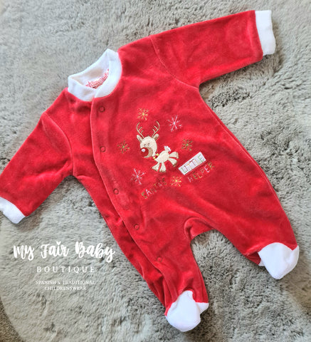 Baby Boys Red Rudolf Velour Sleepsuit/Babygrow- NB - NON RETURNABLE