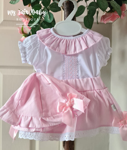 Spanish Baby Girls Pink Smocked Summer Skort & Hat Set ~ 6-24m