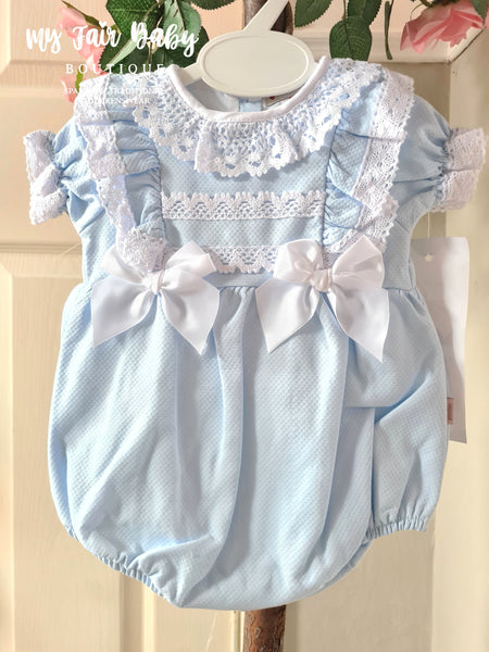 Spanish Baby Girls Blue Waffle Summer Romper & Bonnet Set ~ 6m