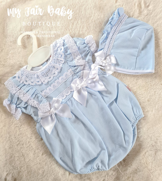 Spanish Baby Girls Blue Waffle Summer Romper & Bonnet Set ~ 6m
