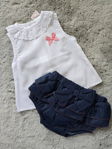 Spanish Baby Girls Navy Bow Pant & Blouse Set - 3-12m